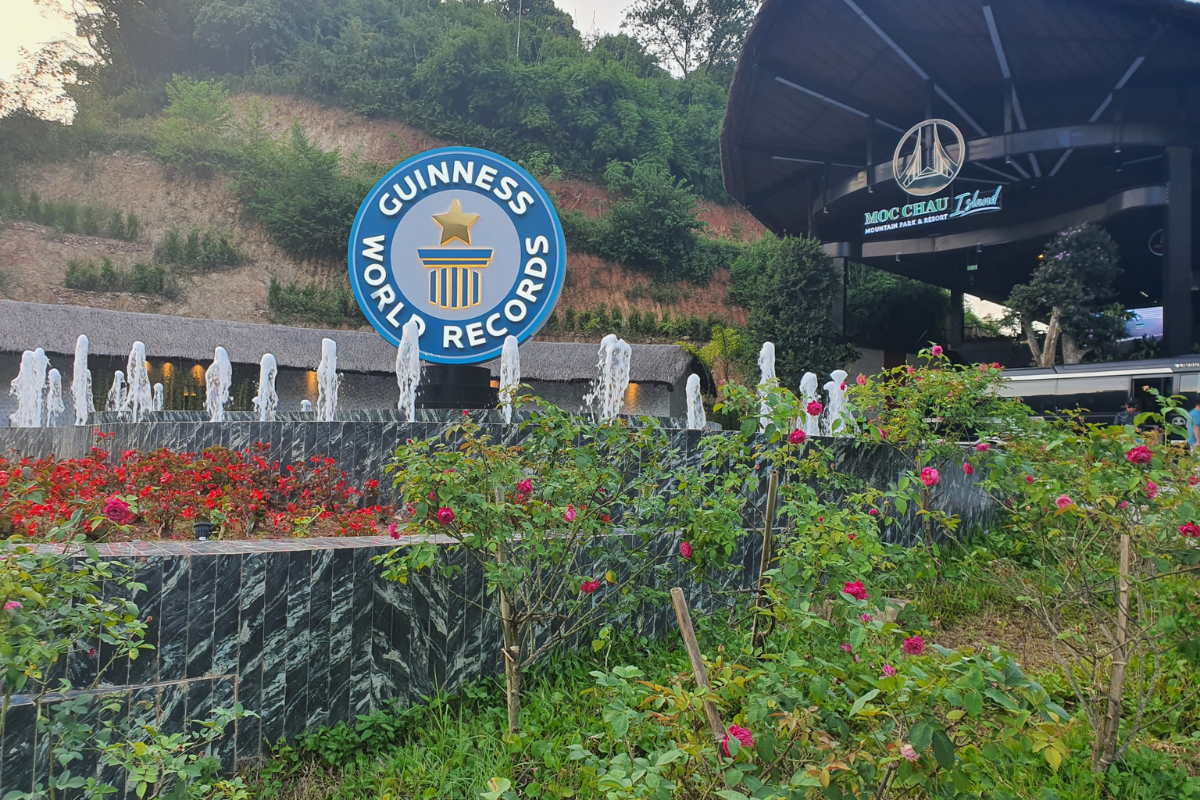 Entrance area to Bach Long Bridge with surrounding green hills